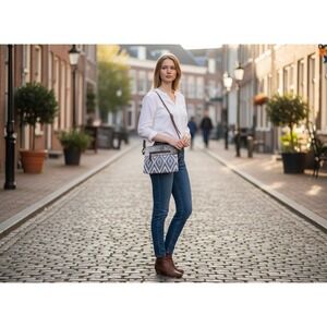 Myra Bag Small Crossbody Bag Diamond Canvas Hair on Hide Leather Trim Brown Blue